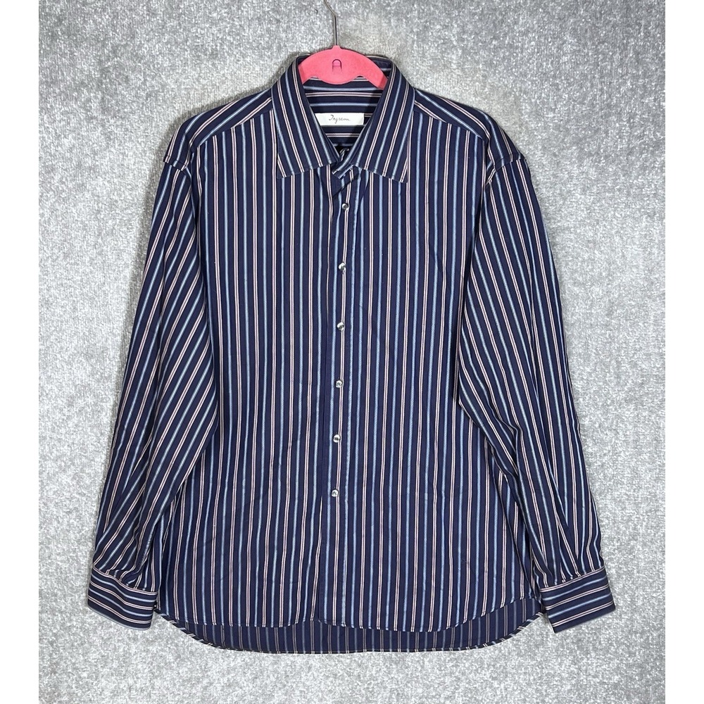 Ingram Button Up Dress Shirt Mens Sz 17.5 Blue Purple Striped Cotton Long Sleeve